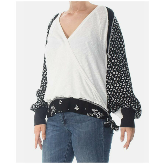 Free People Women's S Auxton Thermal Floral Top, Black/White Oversized A36 - Picture 1 of 8